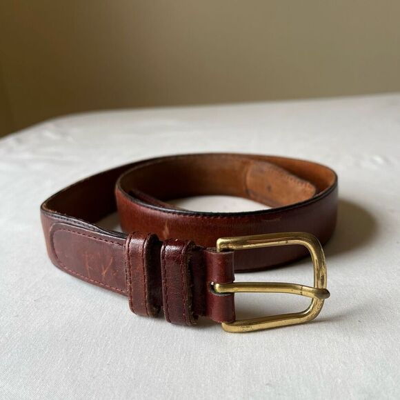 Vintage Distressed Brown Leather Belt Solid Brass Buckle Casual Unisex 32